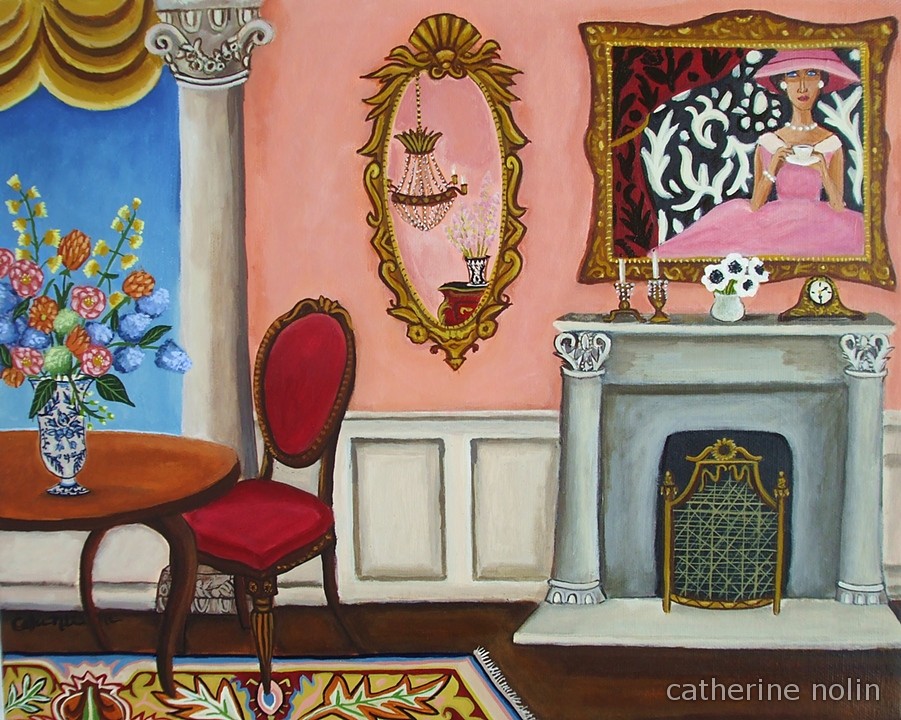 art , painting, catherine nolin, interior room painting, pink interior, paris, bouquet of flowers, chandelier